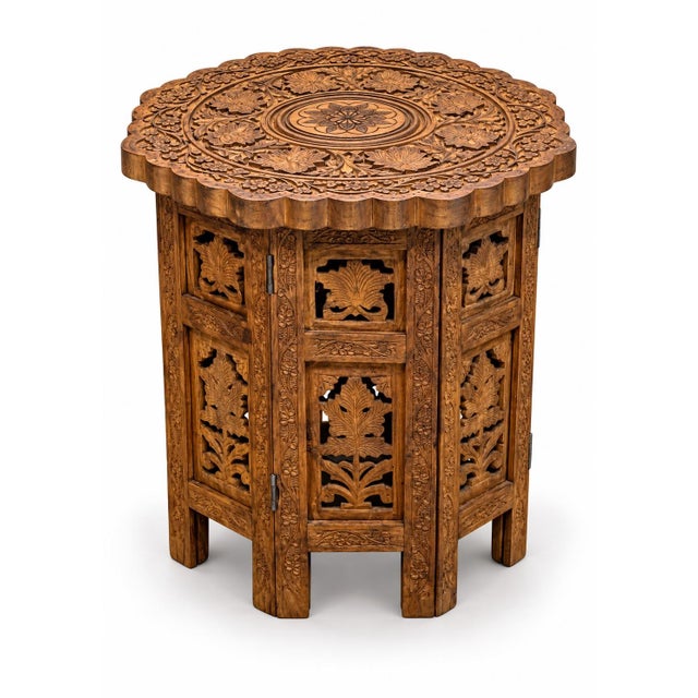 Brown Antique Middle Eastern Octagonal Carved Side Table with Brass Inlay, 1890s For Sale - Image 8 of 8