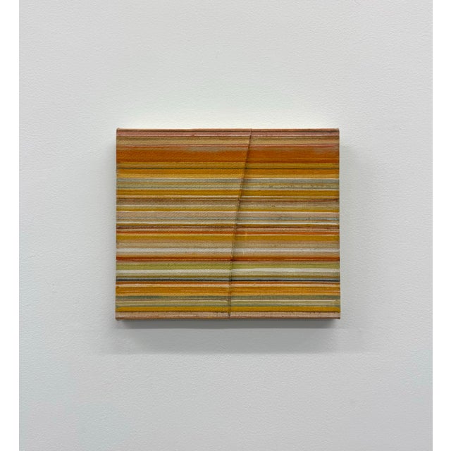 A contemporary abstract painting featuring layered horizontal bands in warm ochre, rust, taupe, cream, and muted olive...