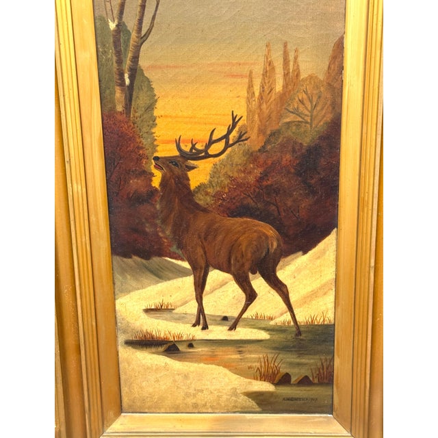 Pair American Sporting Paintings Elk & White-Tailed Deer Buck, Signed A. Crozier For Sale - Image 4 of 18