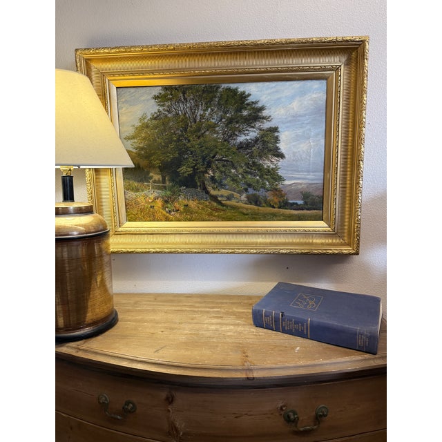 Antique Oil Painting Landscape by Maxwell 1885 Trees Water Mountains Gold Frame For Sale - Image 4 of 12