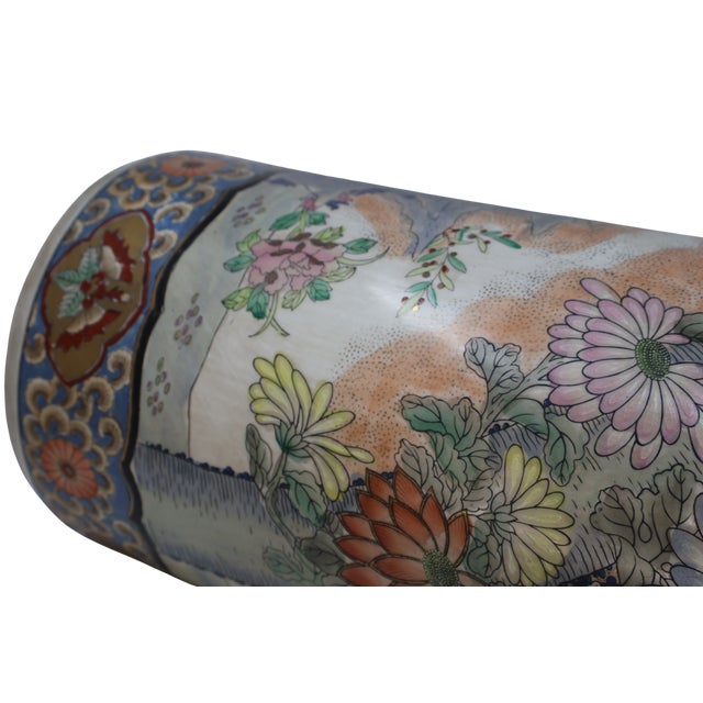 Vintage Macau Hand-Painted Porcelain Umbrella Stand With Floral Garden, Raised Enamels & Gilt Detail For Sale - Image 14 of 18