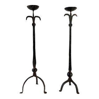 Brutalist Hand Forged Iron Candle Holders For Sale