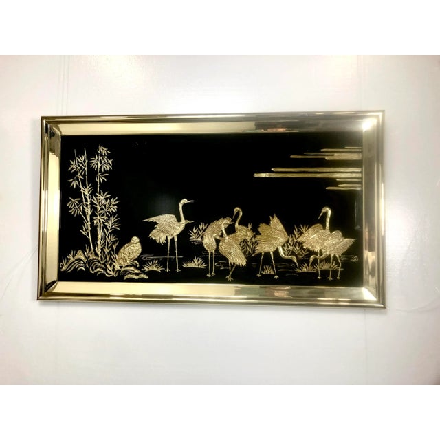 Metal 1960s Large Black Glass Chinoiserie Wall Art With Gold Herons For Sale - Image 7 of 7