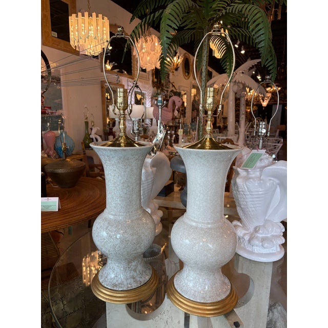Vintage Palm Beach Crackle Glaze Porcelain & Brass Table Lamps Newly Wired - a Pair For Sale - Image 10 of 12