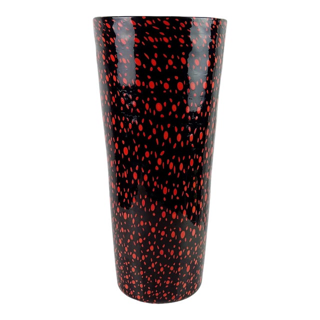 Vintage Murano Vittorio Ferro Black Red Orange Mosaic Murrines Italian Art Glass Tall Flower Vase For Sale