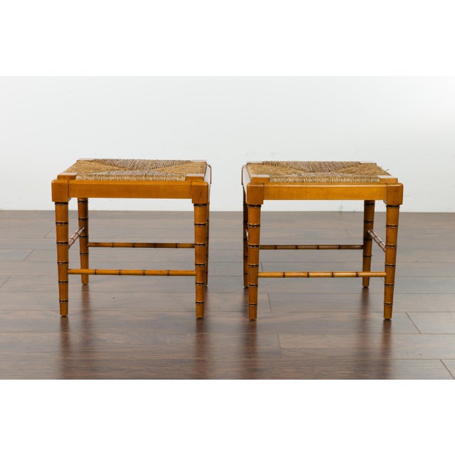 Mid 20th Century Vintage Pair of English Midcentury Faux Bamboo Walnut Stools with Rush Seats For Sale - Image 5 of 12