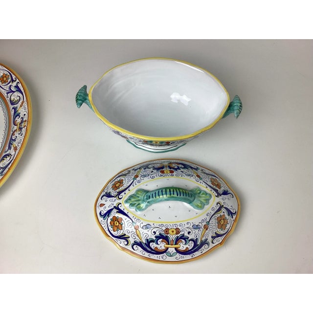 White Vintage Italian Multi ColoredCeramic Covered Serving Dish With Under Plate Sherman Deruta For Sale - Image 8 of 9