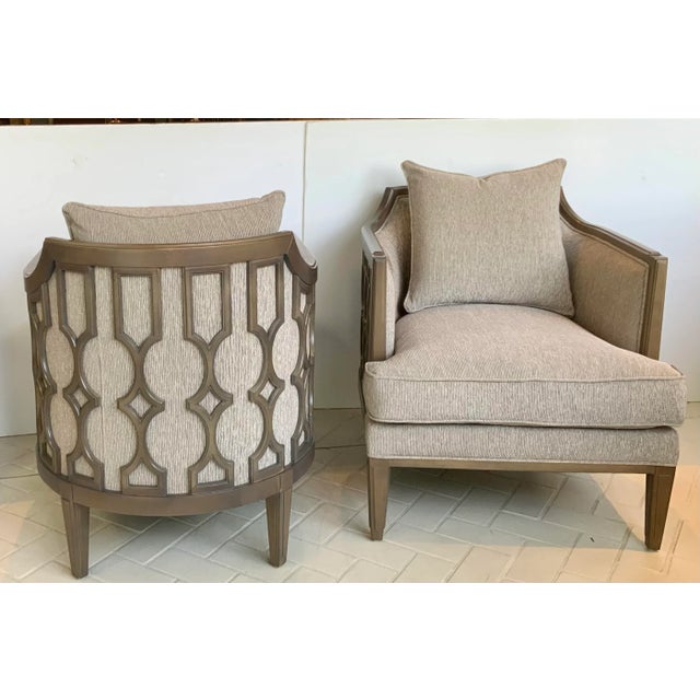Modern Caracole Couture Modern Geometric Taupe and Bronze Club Chairs Pair For Sale - Image 3 of 8