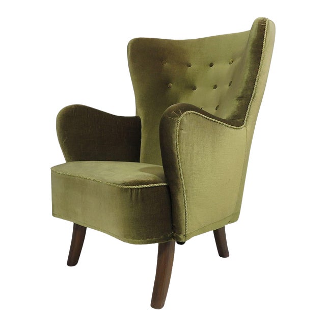 1950s Danish High-Back Lounge Chair in Original Green Mohair For Sale