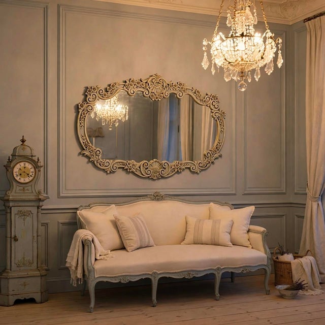 1960s Rococo Revival Wall Mirror Newly Painted in Swedish Gustavian Style Linen White and Light Blue For Sale - Image 15 of 15