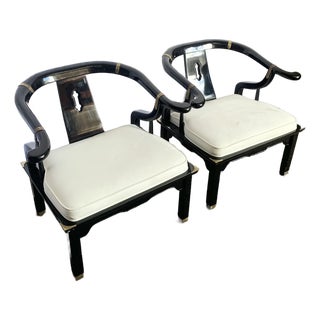 Vintage Ming Style Black Lacquered and Brass Arm Chairs - A Pair For Sale