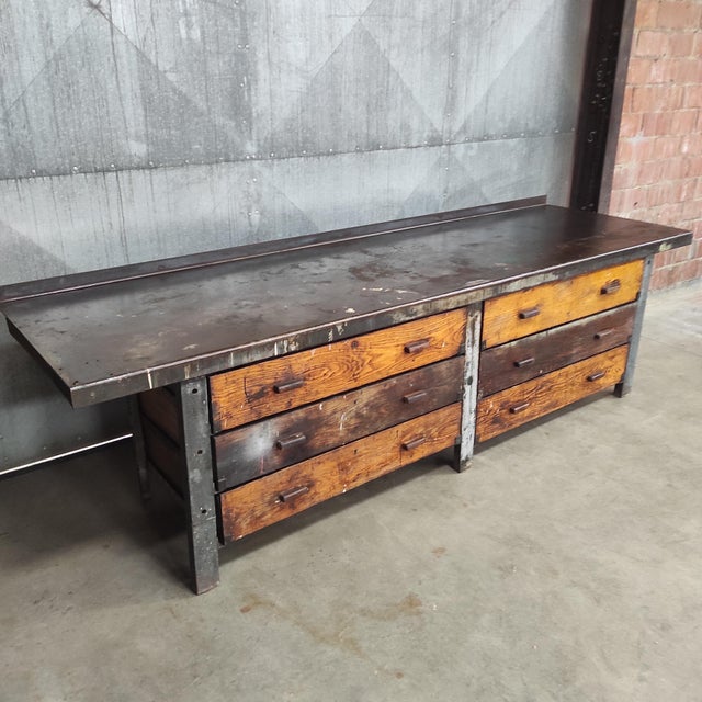 Industrial Workbench with Wooden Drawers For Sale - Image 4 of 12