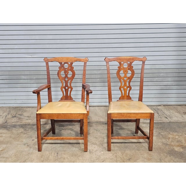 Stickley Set of 8 Stickley Chippendale Solid Cherry Dining Chairs Leather Seats Made Usa For Sale - Image 4 of 15