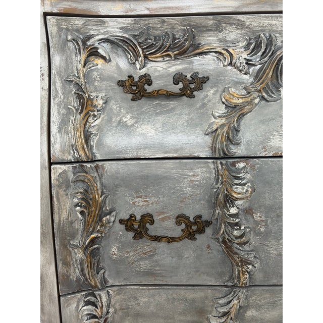 Wood French Provincial Silver Carved Bombé Chest – Rococo Floral Details – Vintage For Sale - Image 7 of 9
