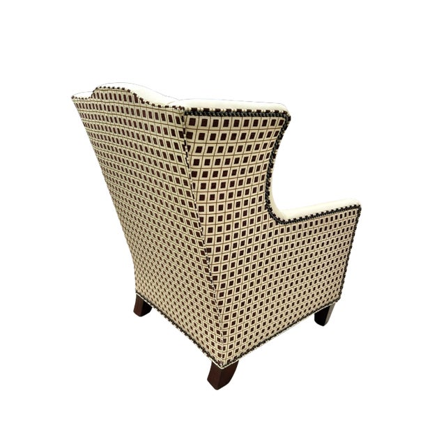 1990s Vintage Henredon Acquisitions Collection Leather Wingback Chairs – Ivory Leather, Geometric Upholstery & Nailhead Trim For Sale - Image 5 of 12