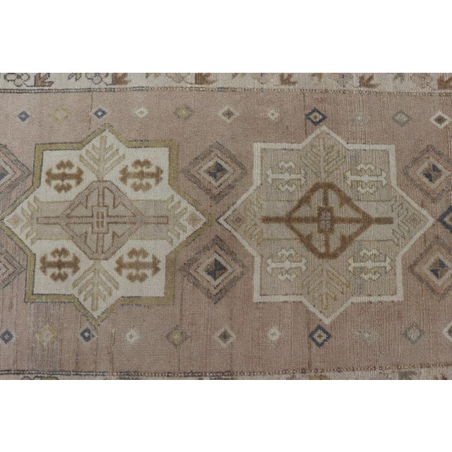 Antique Turkish Oushak Runner With Soft Gold and Celadon Geometric Medallions For Sale - Image 10 of 13