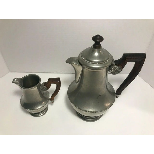 Antique PEWTER "Les étains l’île de France" Malta Coffee Pot & Creamer Set. Wooden Handles Made in France Approx....