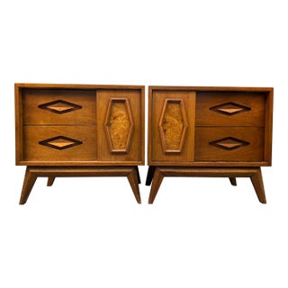 Unique Mid-Century Walnut & Burl Diamond Front Night Stands For Sale