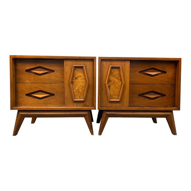 Unique Mid-Century Walnut & Burl Diamond Front Night Stands For Sale