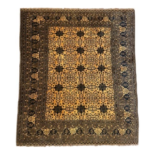 Vintage Afghan Rug 9x10 – 8-Point Star Motif in Golden Beige, Brown & Blue For Sale