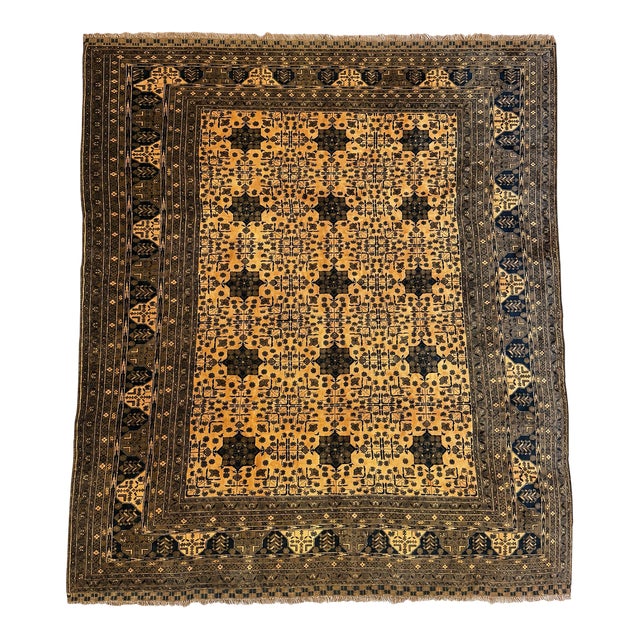 Vintage Afghan Rug 9x10 – 8-Point Star Motif in Golden Beige, Brown & Blue For Sale