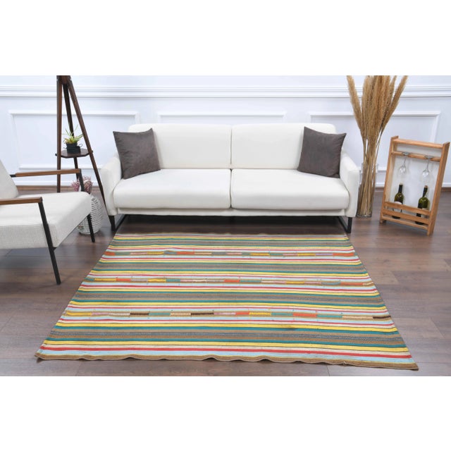 Tribal Vintage Turkish Oushak Handmade Wool Cotton Green Kilim Area Rug For Sale - Image 3 of 11