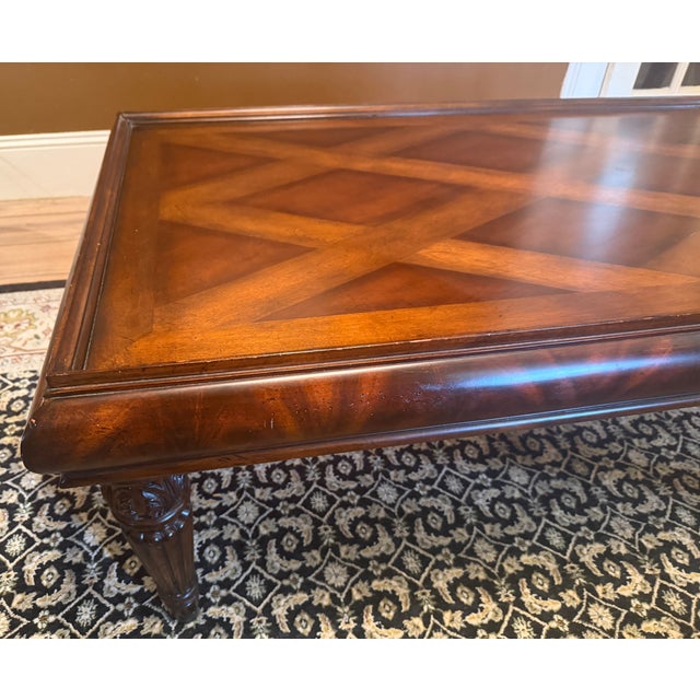 Brass Vintage Regency Style Mahogany Parquetry Coffee Table With Flame Mahogany Apron For Sale - Image 8 of 15