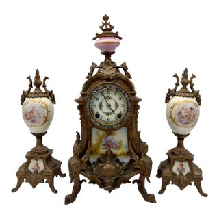 Antique New Haven Mantle Clock, French Porcelain Egg Urn Set For Sale