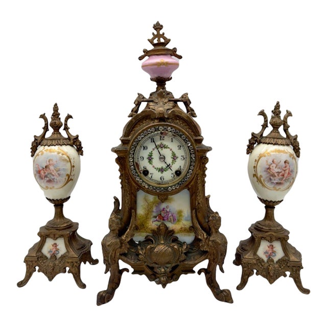 Antique New Haven Mantle Clock, French Porcelain Egg Urn Set For Sale