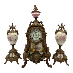 Antique New Haven Mantle Clock, French Porcelain Egg Urn Set