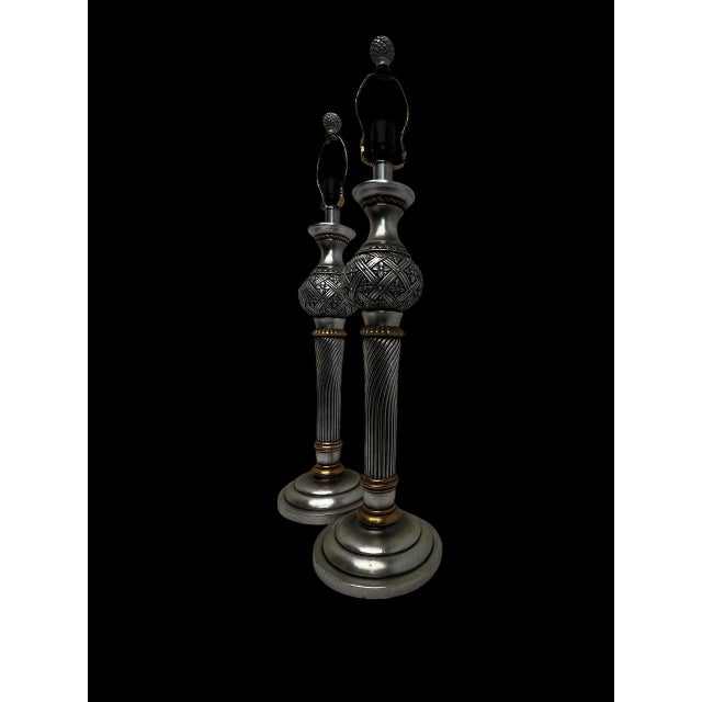 Large Silver Gold Carved Spheric Table Lamps, 1990s, Set of 2 For Sale - Image 10 of 11