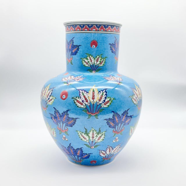 Handmade Ceramic Vase (30cm) – Turquoise “Firuze” Blue with Stylized Fan Flowers – Ottoman Palmette Design For Sale - Image 6 of 8