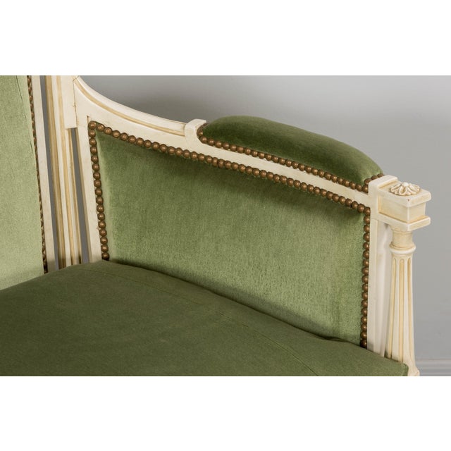 French Louis XVI Style Painted Canapé in Moss Green Velvet, Provence For Sale - Image 13 of 18