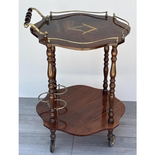 Mid 20th Century Mid-Century Italian Hollywood Regency Italian Marquetry Masonic Bar Cart With Brass Gallery For Sale - Image 5 of 8