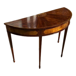 18th C Style George III Mahogany Inlaid Demilune Table by Burton-Ching