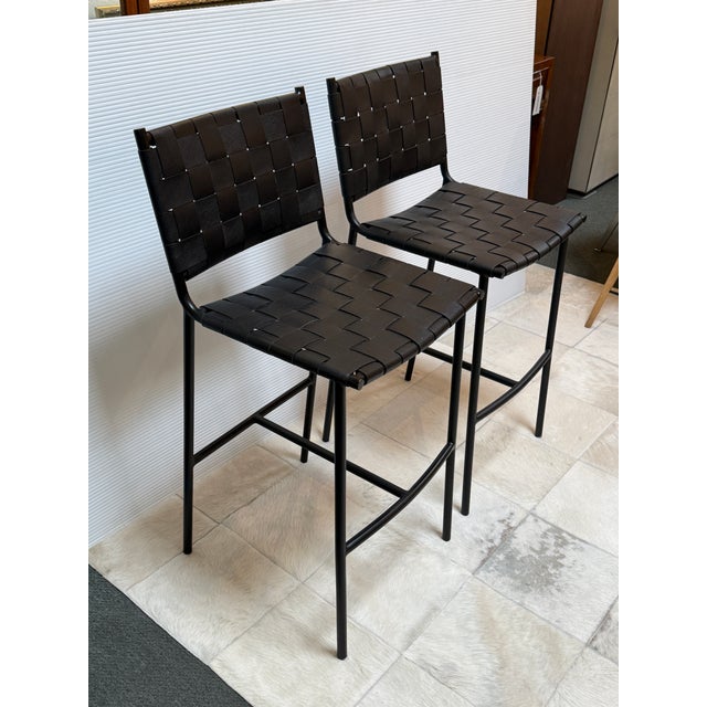 Mermelada Estudio for Cb2 Woven Leather Counter Stools, Pair For Sale - Image 12 of 12