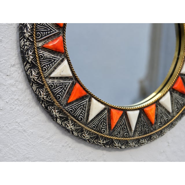 Handcrafted Moroccan Round Bone Inlay Wall Mirror For Sale - Image 4 of 6