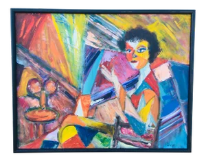 1990s Postmodern Abstract Figurative Oil Painting, Framed