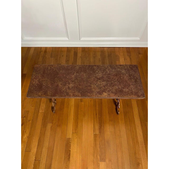 Metal Regency Scroll Iron Bench, Coffee Table, Faux Leather Trompe-l'Oeil Top, 1960s For Sale - Image 7 of 13