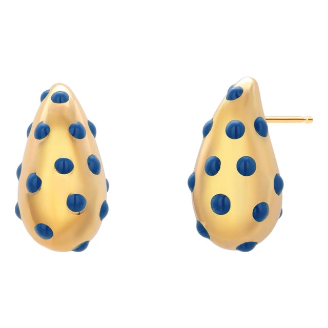 18k Yellow Gold Blue Polka Dot Enamel Teardrop Earrings 0.92 Inch Long, A Pair For Sale