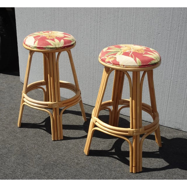 Mid-Century Modern Pair Mid Century Modern Bamboo Swivel Barstools Bar Stools For Sale - Image 3 of 12