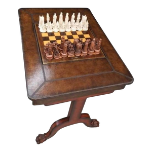 Maitland Smith Embossed Leather Chess Game Table and Pieces
