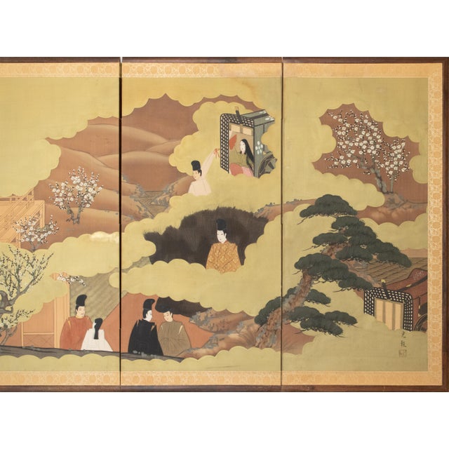 Japanese "The Tale of Genji" Early Shōwa Era Japanese Painted Silk Byobu Screen, C. 1930-1950s For Sale - Image 3 of 18