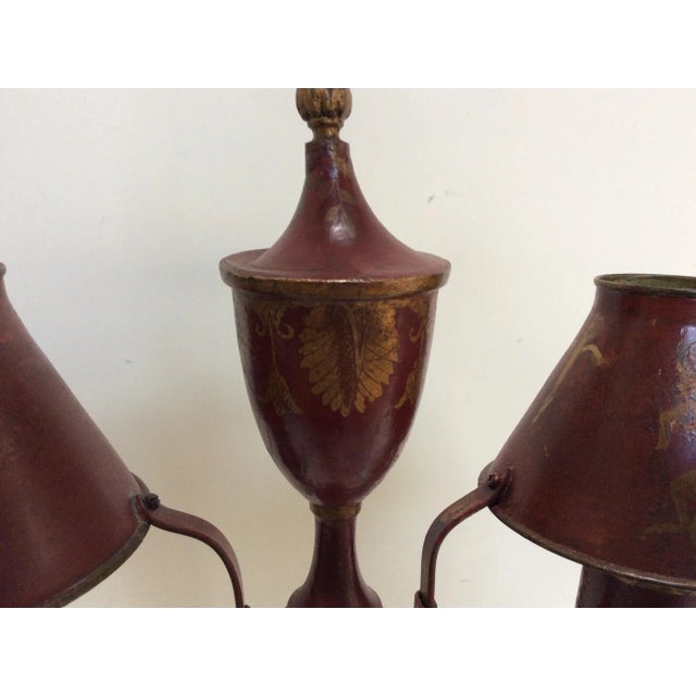 Antique French Red Tole Twin Shaded Table Lamp For Sale - Image 9 of 9