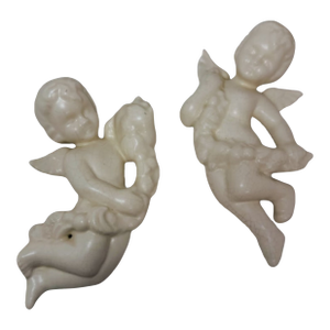 Vintage Ceramic Cherub Wall Hanging Pair Cream Angel Garland Set 7 Inch Cherubim Sculptures Romantic