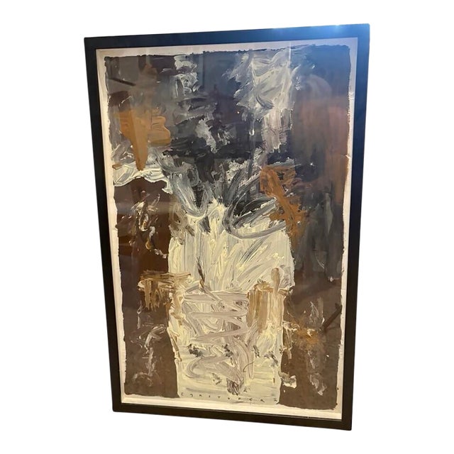 Mid-Century Abstract Painting in Brown, Black and White, Framed, 31.25” X 20.75” For Sale