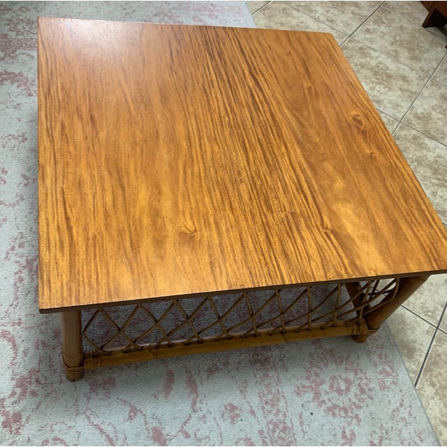 Vintage Philippine Rattan & Bamboo Lattice Coffee Table – 32” Square For Sale - Image 4 of 7