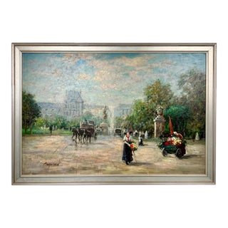 Impressionist Paris Street Scene, Tuileries Garden in Silver Frame, Signed 1980's For Sale