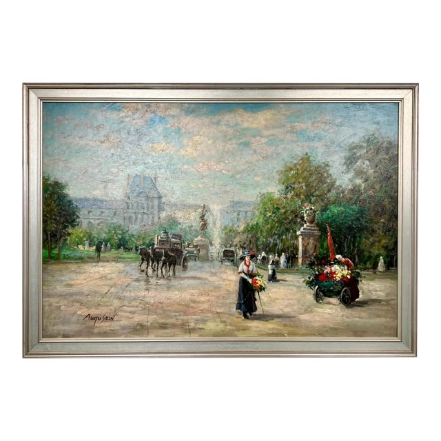 Impressionist Paris Street Scene, Tuileries Garden in Silver Frame, Signed 1980's For Sale