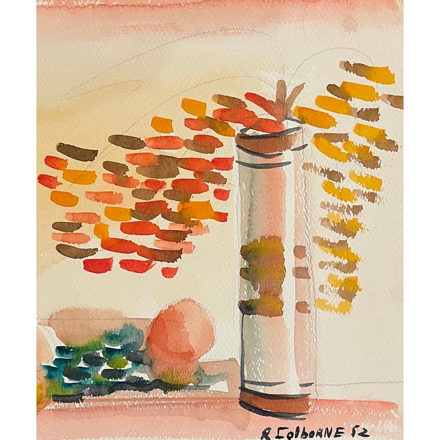 MCM painting on paper by artist Robert Brady Colborne (1931-2002). Signed and dated 1952 lower right; with estate stamp on...